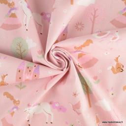 Tissu popeline Poppy motifs Princesses, chateaux et licornes fond rose - Oeko tex