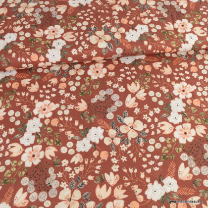 Tissu popeline Poppy Alix motifs Fleurs fond rougeatre - Oeko tex
