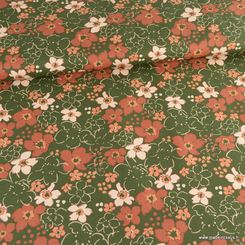Tissu Coton Popeline Liberty - Imprimé Fleurs Saumon Et Vert - 1.45m X 20m