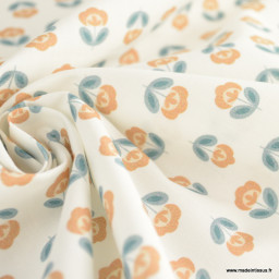 Tissu popeline petites fleurs retro Camel et Paon - exclusif