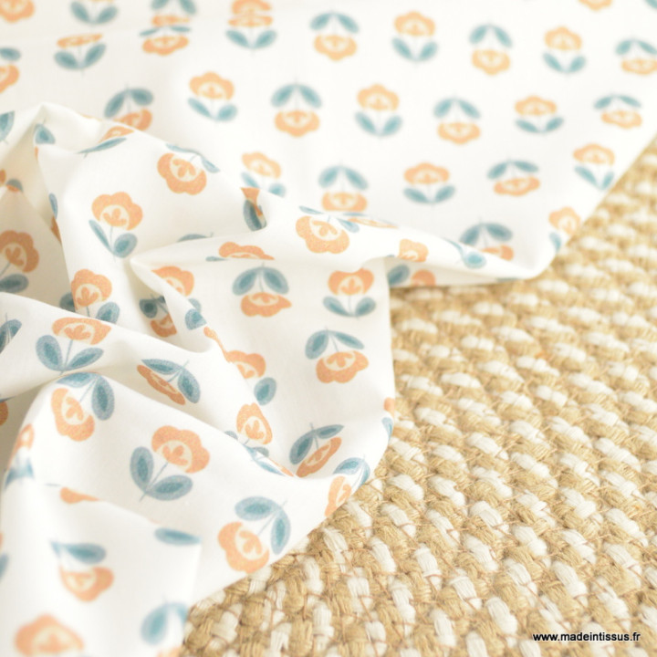 Tissu popeline petites fleurs retro Moutarde et Paon