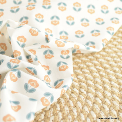 Tissu popeline petites fleurs retro Moutarde et Paon