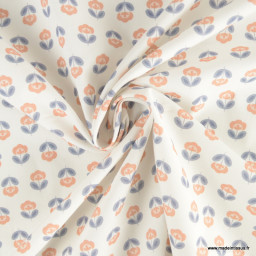 Tissu popeline petites fleurs retro bleu nuit et orangé - exclusif
