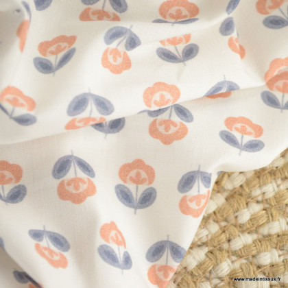 Tissu popeline petites fleurs retro bleu nuit et orangé - exclusif
