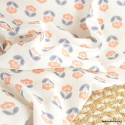 Tissu popeline petites fleurs retro bleu nuit et orangé - exclusif