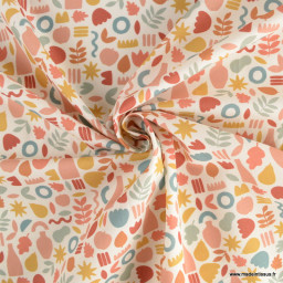 Tissu popeline motif amphores, fruits et feuilles graphique brique et marsala - exclusif
