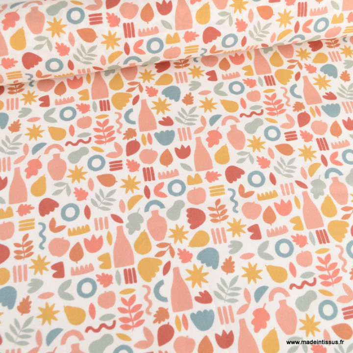 Tissu popeline motif amphores et feuilles graphique brique et marsala - exclusif