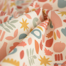 Tissu popeline motif amphores, fruits et feuilles graphique brique et marsala - exclusif