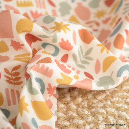Tissu popeline motif amphores, fruits et feuilles graphique brique et marsala - exclusif