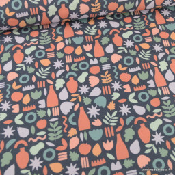 Tissu popeline motif amphores, fruits et feuilles graphique marsala et rose fond marine - exclusif