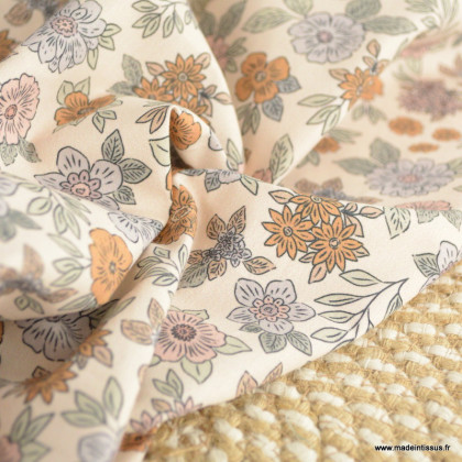 Tissu popeline Marion motif fleurs fond ecru - exclusif