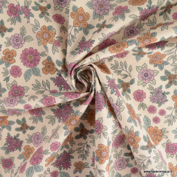 Tissu popeline Marion motif fleurs fuchsia et camel fond ecru - exclusif