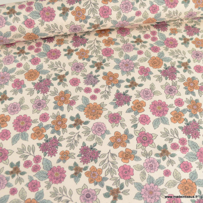 Tissu popeline Marion motif fleurs fuchsia et camel fond ecru - exclusif