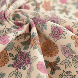 Tissu popeline Marion motif fleurs fuchsia et camel fond ecru - exclusif