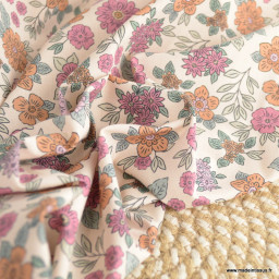 Tissu popeline Marion motif fleurs fuchsia et camel fond ecru - exclusif
