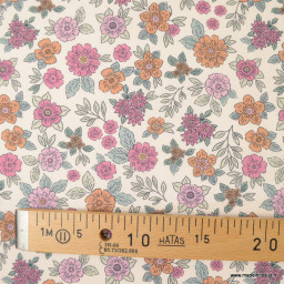 Tissu popeline Marion motif fleurs fuchsia et camel fond ecru - exclusif