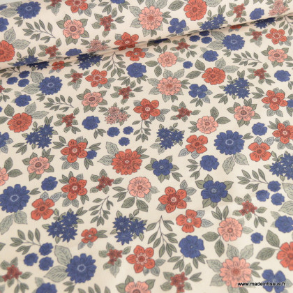 Tissu popeline Marion motif fleurs bleu et brique fond ecru - exclusif