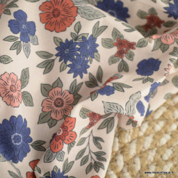 Tissu popeline Marion motif fleurs bleu et brique fond ecru - exclusif