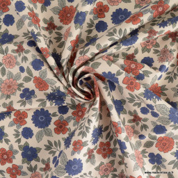 Tissu popeline Marion motif fleurs bleu et brique fond ecru - exclusif