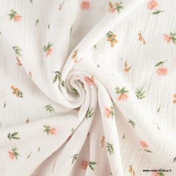 Tissu Double gaze Alexia imprimé fleurs fond blanc - oeko tex