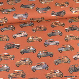 Tissu demi natté bachette imprimé voiture Austin Mini fond terracotta