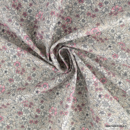 Tissu coton Enduit motif fleurs roses fond gris
