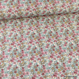 Tissu coton Enduit motif fleurs roses, grises et menthe fond blanc
