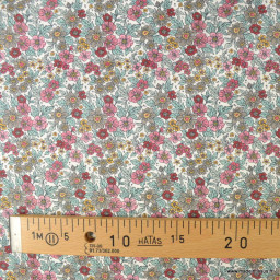 Tissu coton Enduit motif fleurs roses, grises et menthe fond blanc