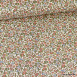 Tissu coton Enduit motif fleurs roses et vert fond écru