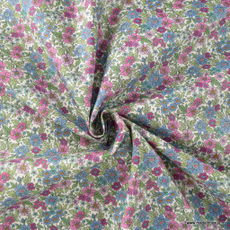 Tissu coton Enduit motif fleurs roses et bleu fond écru