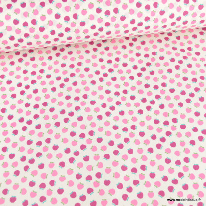 Tissu coton Enduit motif petites pommes rosees fond blanc
