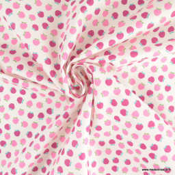Tissu coton Enduit motif petites pommes rosees fond blanc