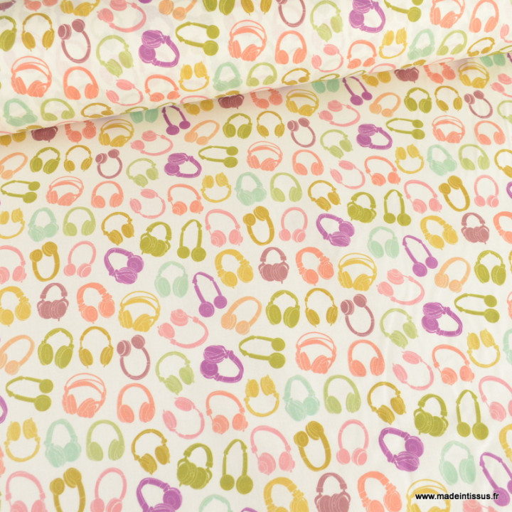 Tissu coton Enduit motif casques audio vintage