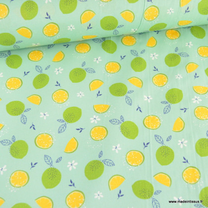 Tissu coton Enduit motif Citrons fond turquoise