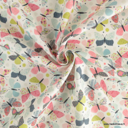Tissu coton Enduit motif Papillons fond blanc