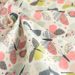 Tissu coton Enduit motif Papillons fond blanc