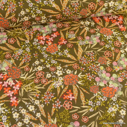 Tissu Viscose Nara motifs fleurs fond Kaki