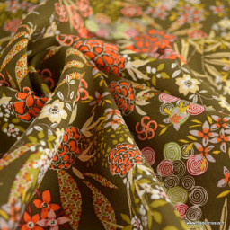 Tissu Viscose Nara motifs fleurs fond Kaki