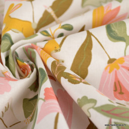 Tissu coton imprimé Anatida fleurs et lapins café fond blanc - Oeko tex