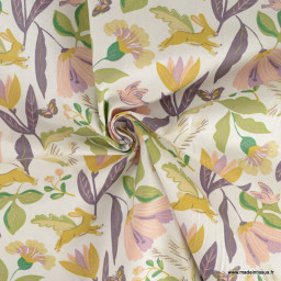Tissu coton imprimé Anatida fleurs et lapins mauve fond blanc - Oeko tex