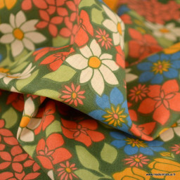 Tissu coton imprimé Morris fleurs orange fond fougère - Oeko tex