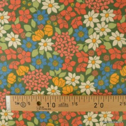 Tissu coton imprimé Morris fleurs orange fond fougère - Oeko tex