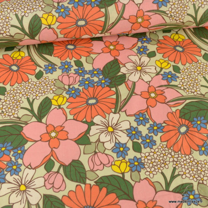 Tissu coton imprimé William fleurs fond Amande - Oeko tex