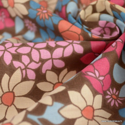 Tissu coton imprimé Morris fleurs fuchsia fond cacao - Oeko tex