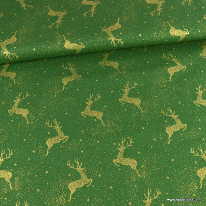 Tissu de Noël motif rennes or fond vert - Oeko tex