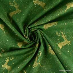 Tissu de Noël motif rennes or fond vert - Oeko tex