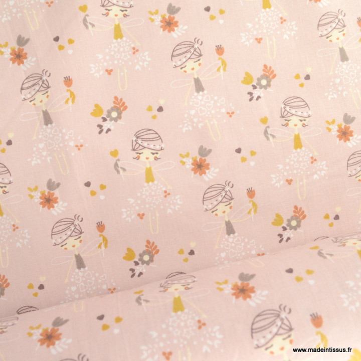 Tissu coton motifs Princesses et fleurs rosée- oeko tex
