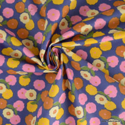 Tissu coton Enduit Pinchi motifs fleurs fond Indigo