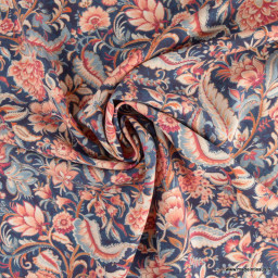 Tissu Viscose Flandre motifs fleurs indiennes fond bleu