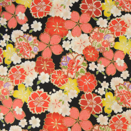 Tissu Kokka fleurs traditionnelles fond Noir "Japanese Fan"